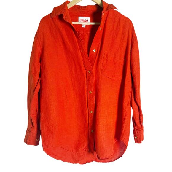 Solid & Striped The Oxford Tunic Linen Button Up Shirt in Candy Red Size Small - Picture 2 of 8